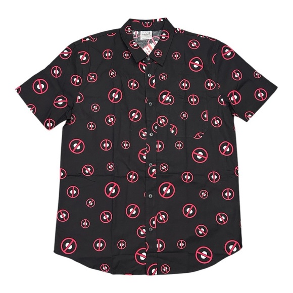 Marvel Deadpool Icon Symbol Button Shirt Short Sleeve All Over Print Black NWT - Picture 6 of 6